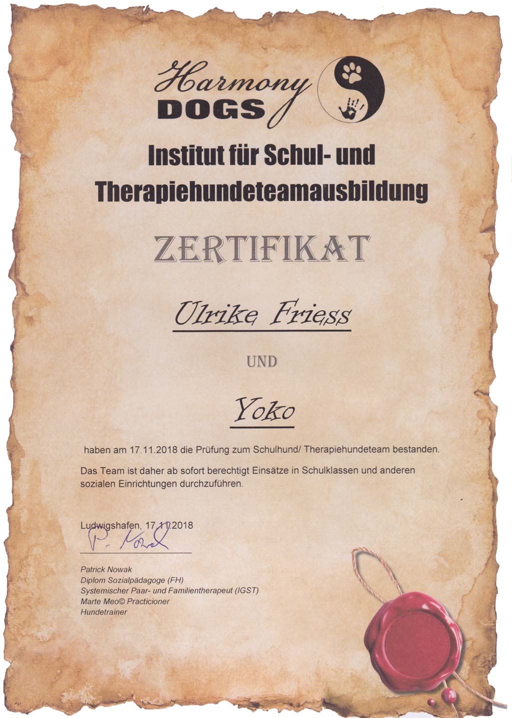Zertifikat für Therapiehundeausbildung mit Yoko und Ulrike